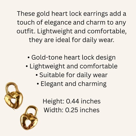 Small Stud Goldtone Heart Lock Stud Earrings Minimalist Academia Cute - Picture 8 of 10